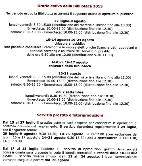 orario estivo biblioteca